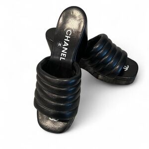CHANEL Black Quilted Platform Slides